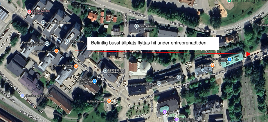 Kartbild med busshållplatser utmarkerade